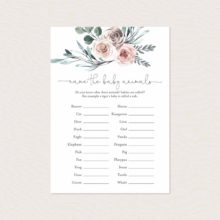 Boho Rose Baby Shower Name The Baby Animals Game Printable