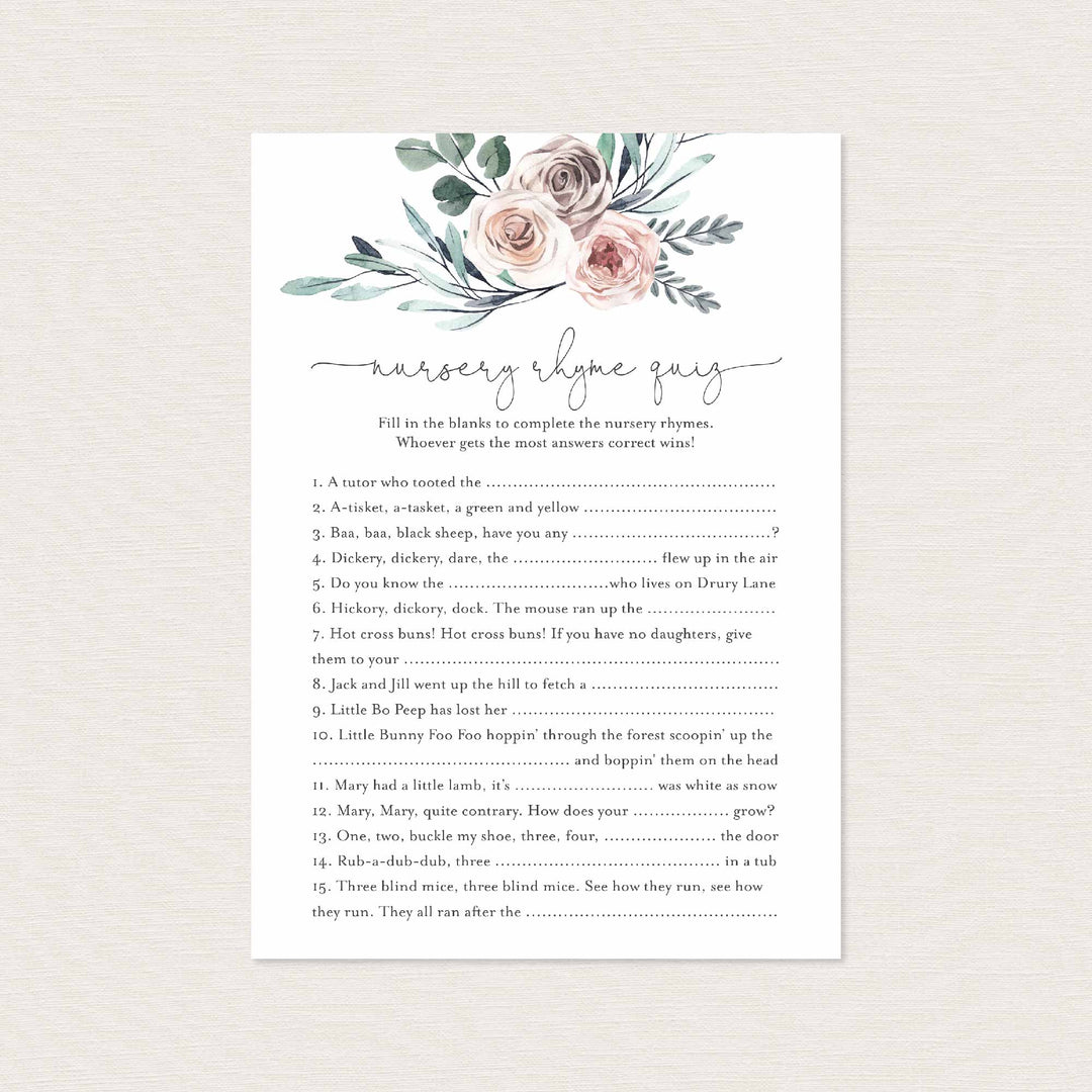 Boho Rose Baby Shower Nursery Rhyme Quiz Game Printable