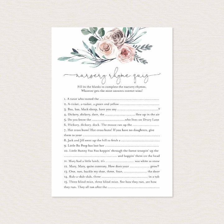Boho Rose Baby Shower Nursery Rhyme Quiz Game Printable