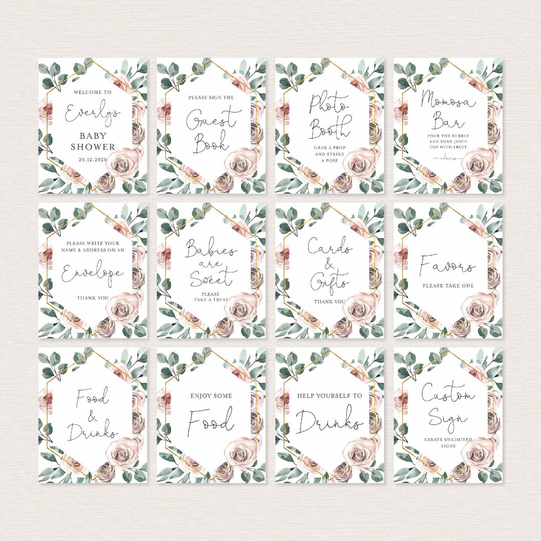 Boho Rose Baby Shower Table Signs Bundle Printable