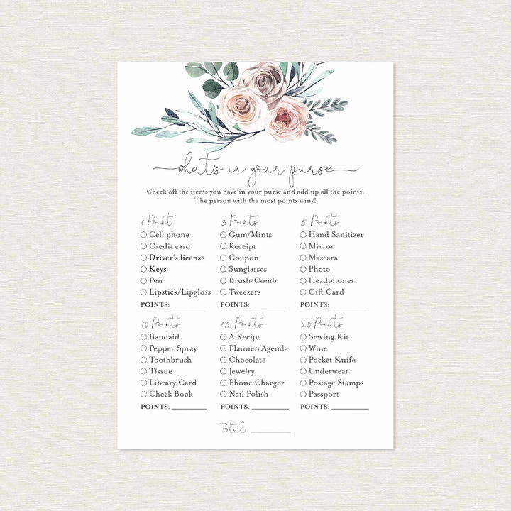 Boho Rose Baby Shower What's In Your Purse Game Printable