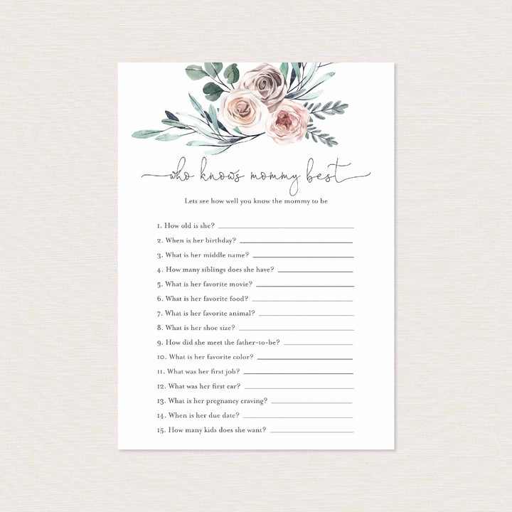 Boho Rose Baby Shower Who Knows Mummy Best Game Printable