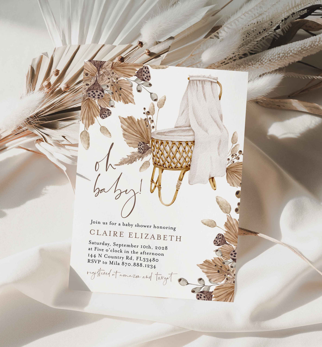 Pampas Crib Baby Shower Invitation Printable