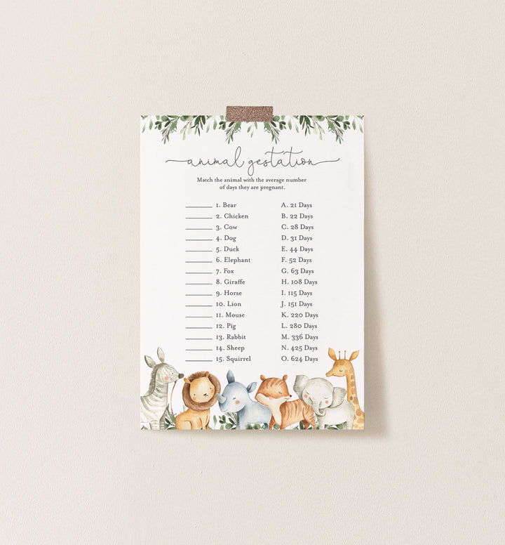Safari Animals Baby Shower Animal Gestation Game Printable