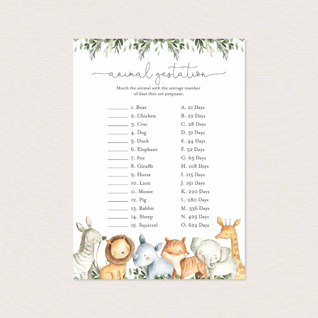 Safari Animals Baby Shower Animal Gestation Game Printable