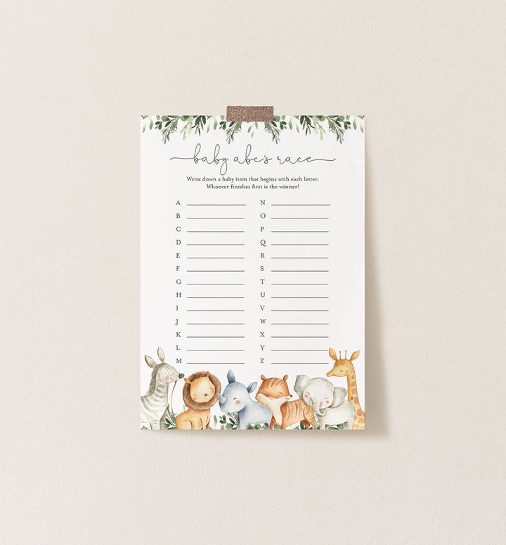 Safari Animals Baby Shower ABC's Race Game Printable