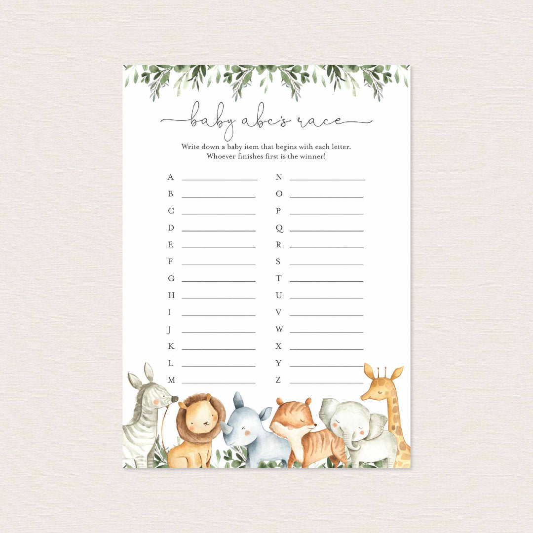 Safari Animals Baby Shower ABC's Race Game Printable