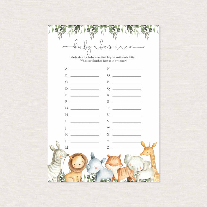 Safari Animals Baby Shower ABC's Race Game Printable
