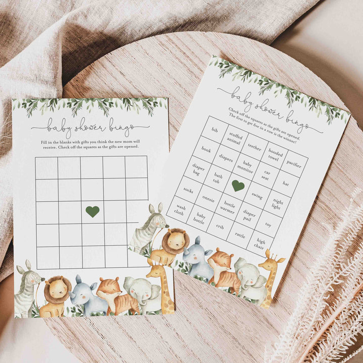 Safari Animals Baby Shower Bingo Game Printable