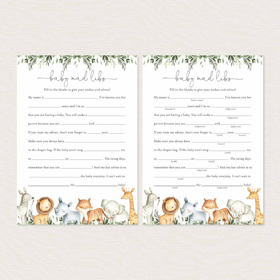 Safari Animals Baby Shower Mad Libs Printable