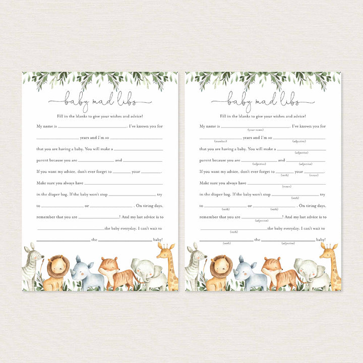 Safari Animals Baby Shower Mad Libs Printable