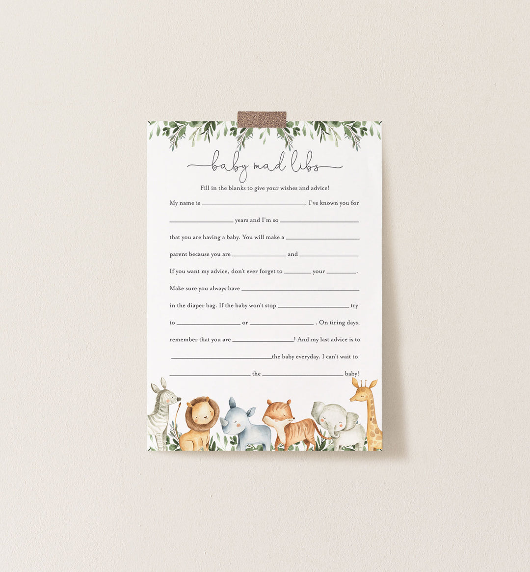 Safari Animals Baby Shower Mad Libs Printable