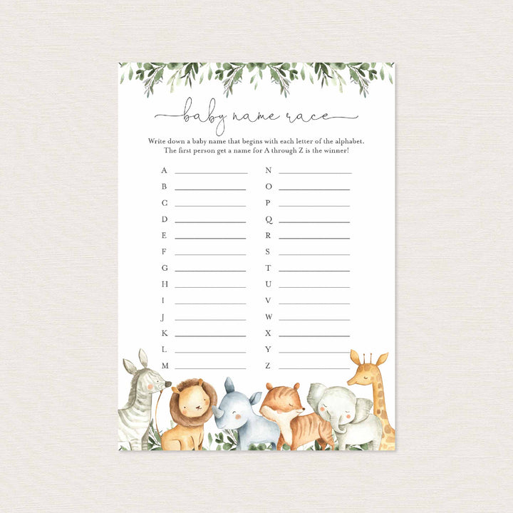 Safari Animals Baby Shower Name Race Game Printable