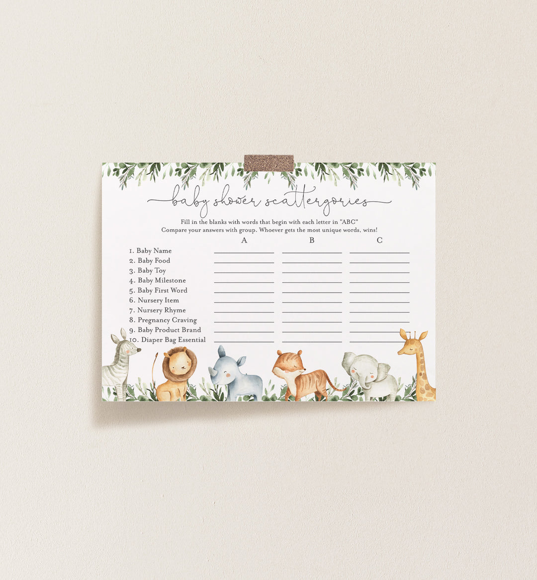 Safari Animals Baby Shower Scattergories Game Printable