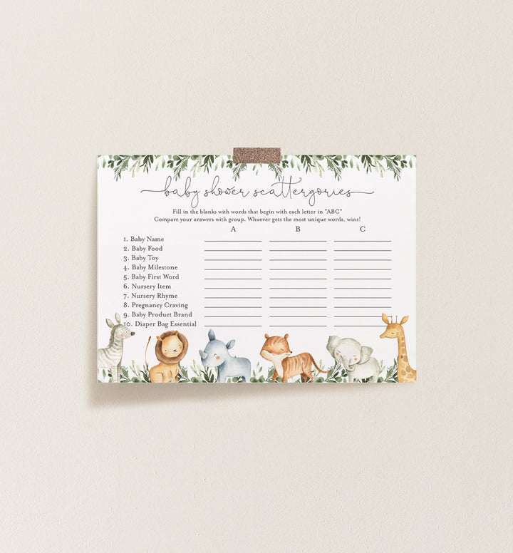 Safari Animals Baby Shower Scattergories Game Printable