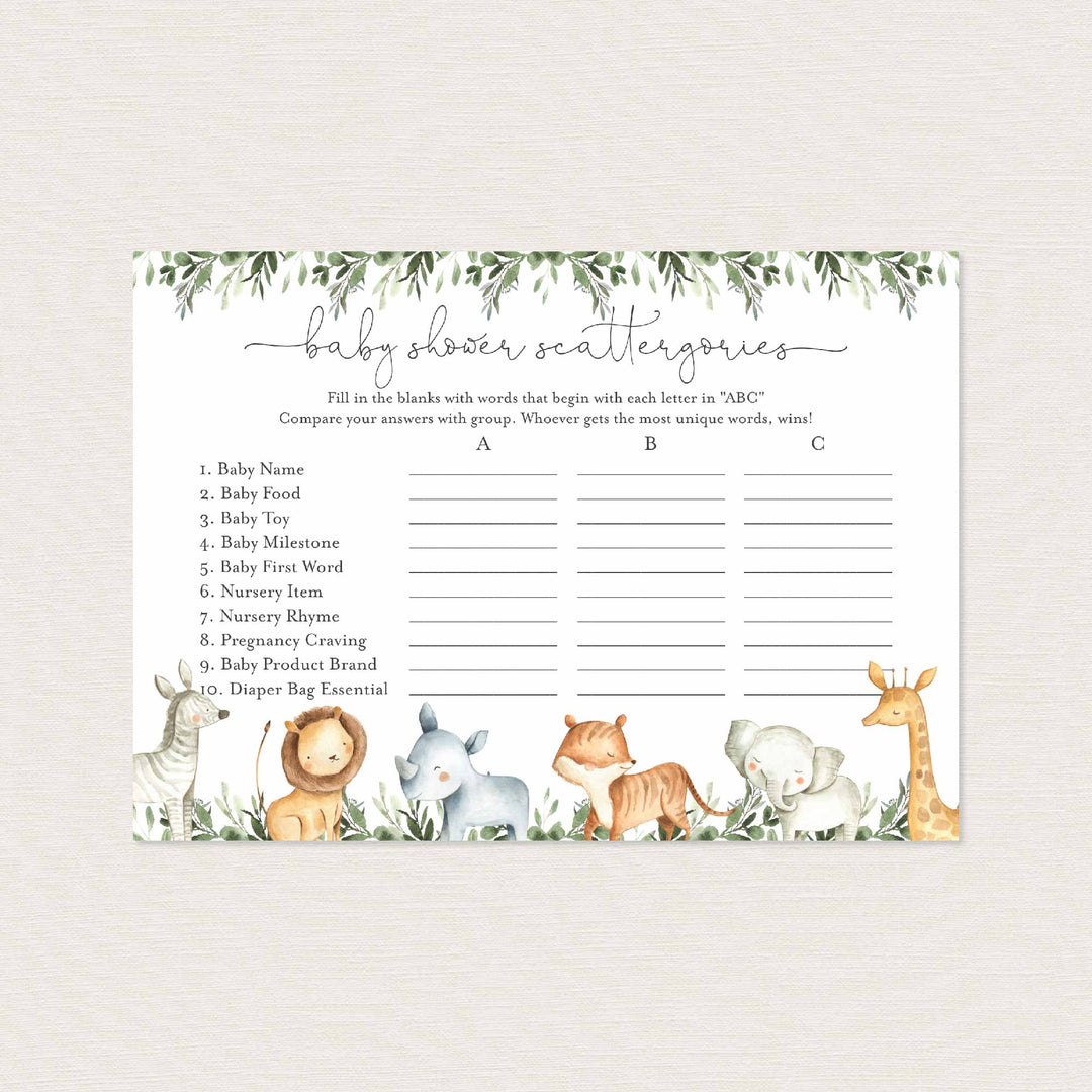 Safari Animals Baby Shower Scattergories Game Printable