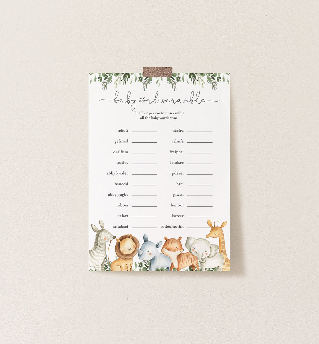 Safari Animals Baby Shower Word Scramble Game Printable