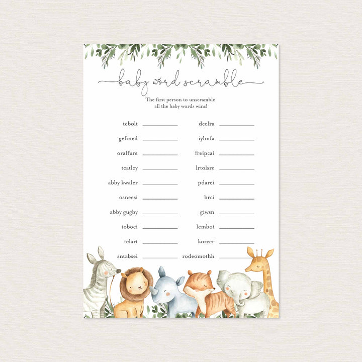 Safari Animals Baby Shower Word Scramble Game Printable
