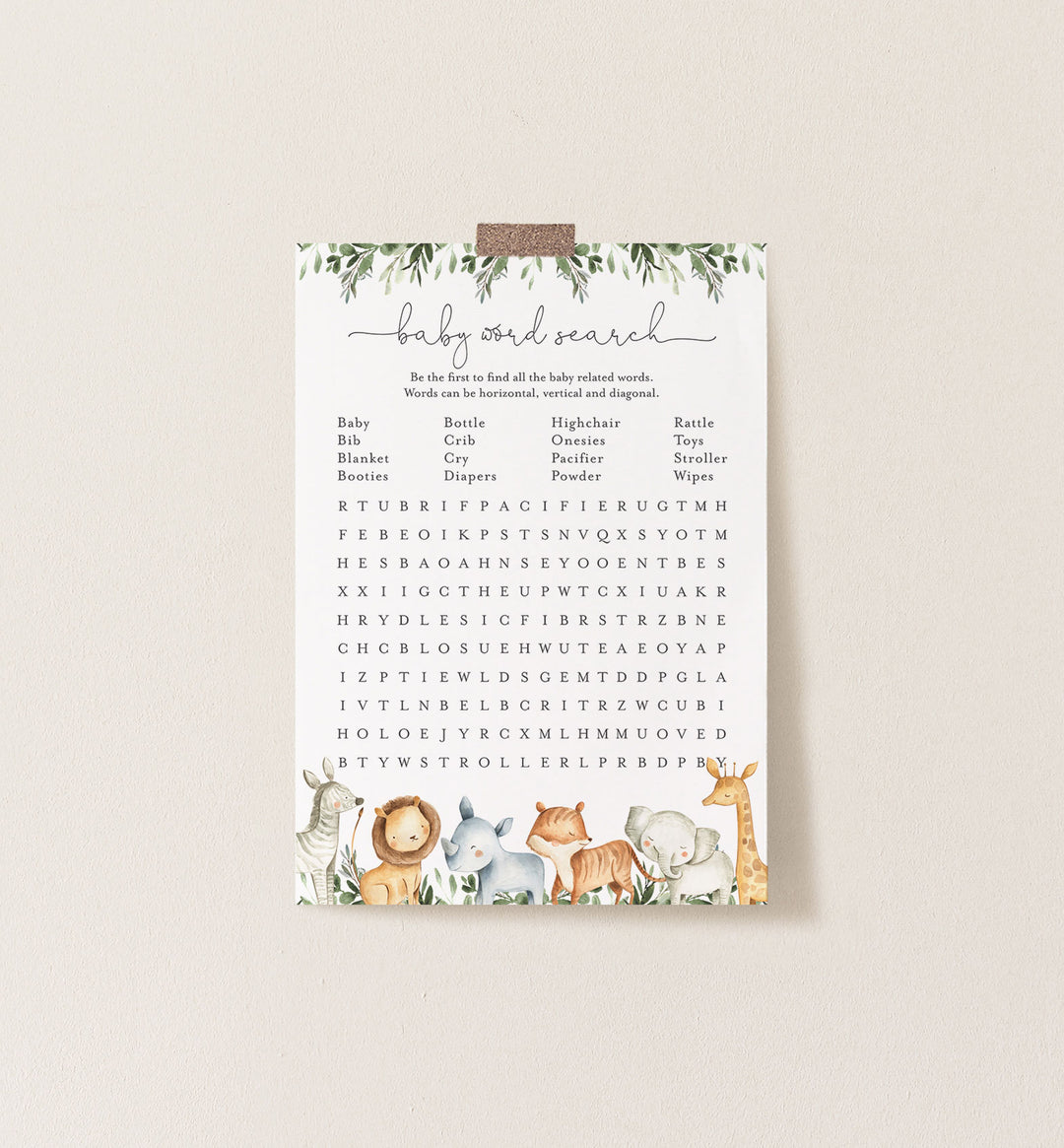 Safari Animals Baby Shower Word Search Game Printable