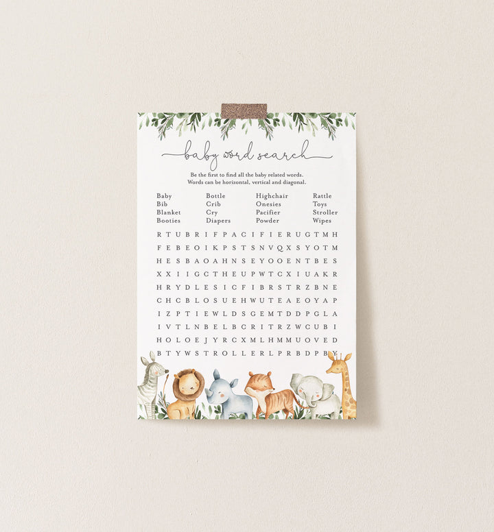 Safari Animals Baby Shower Word Search Game Printable