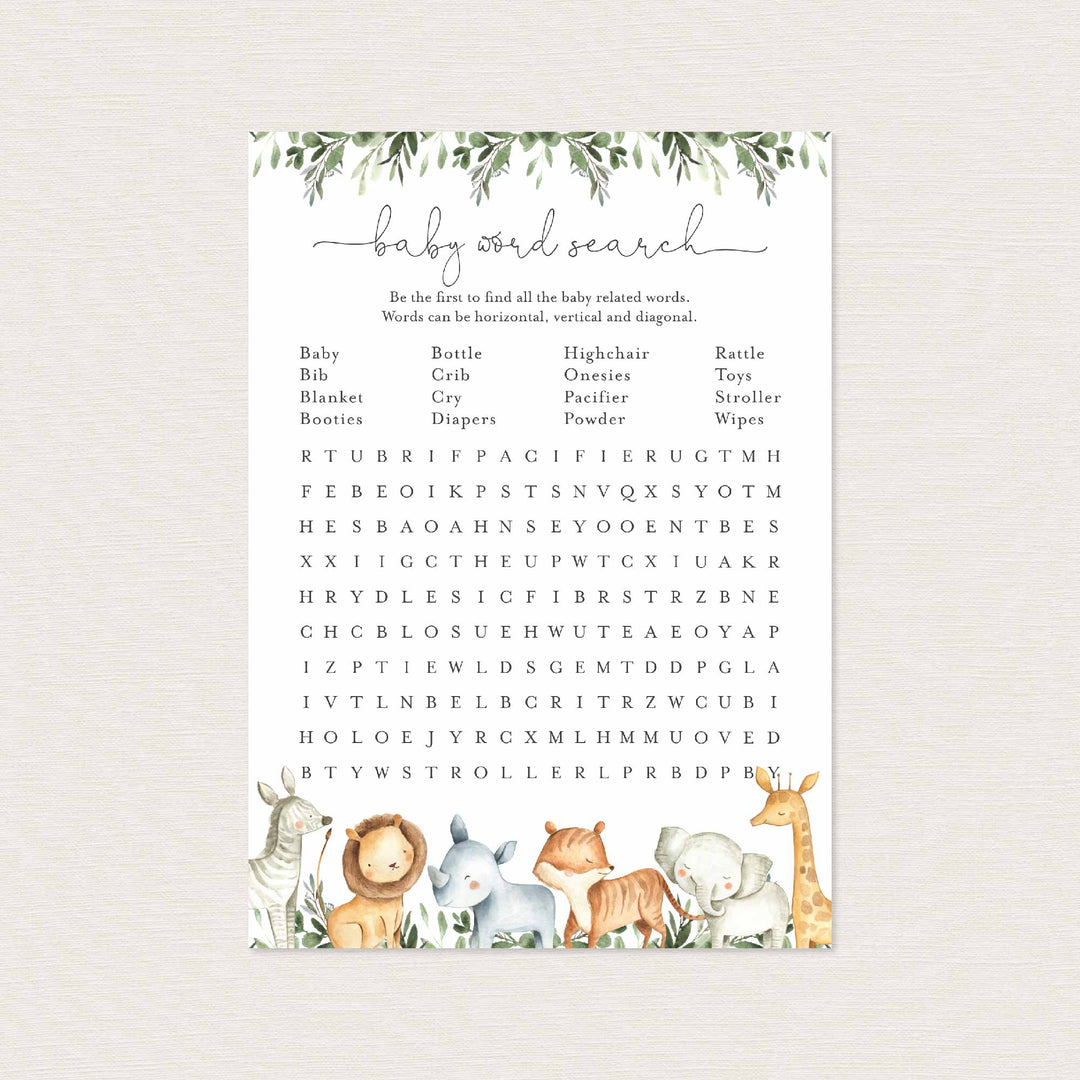 Safari Animals Baby Shower Word Search Game Printable