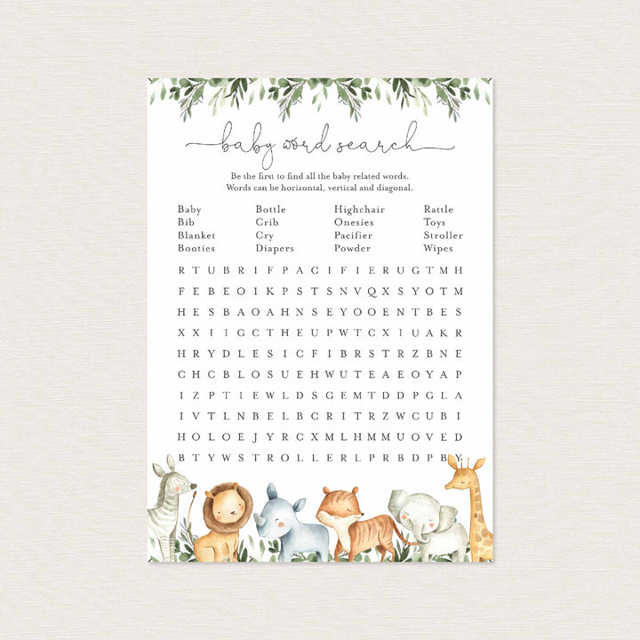 Safari Animals Baby Shower Word Search Game Printable
