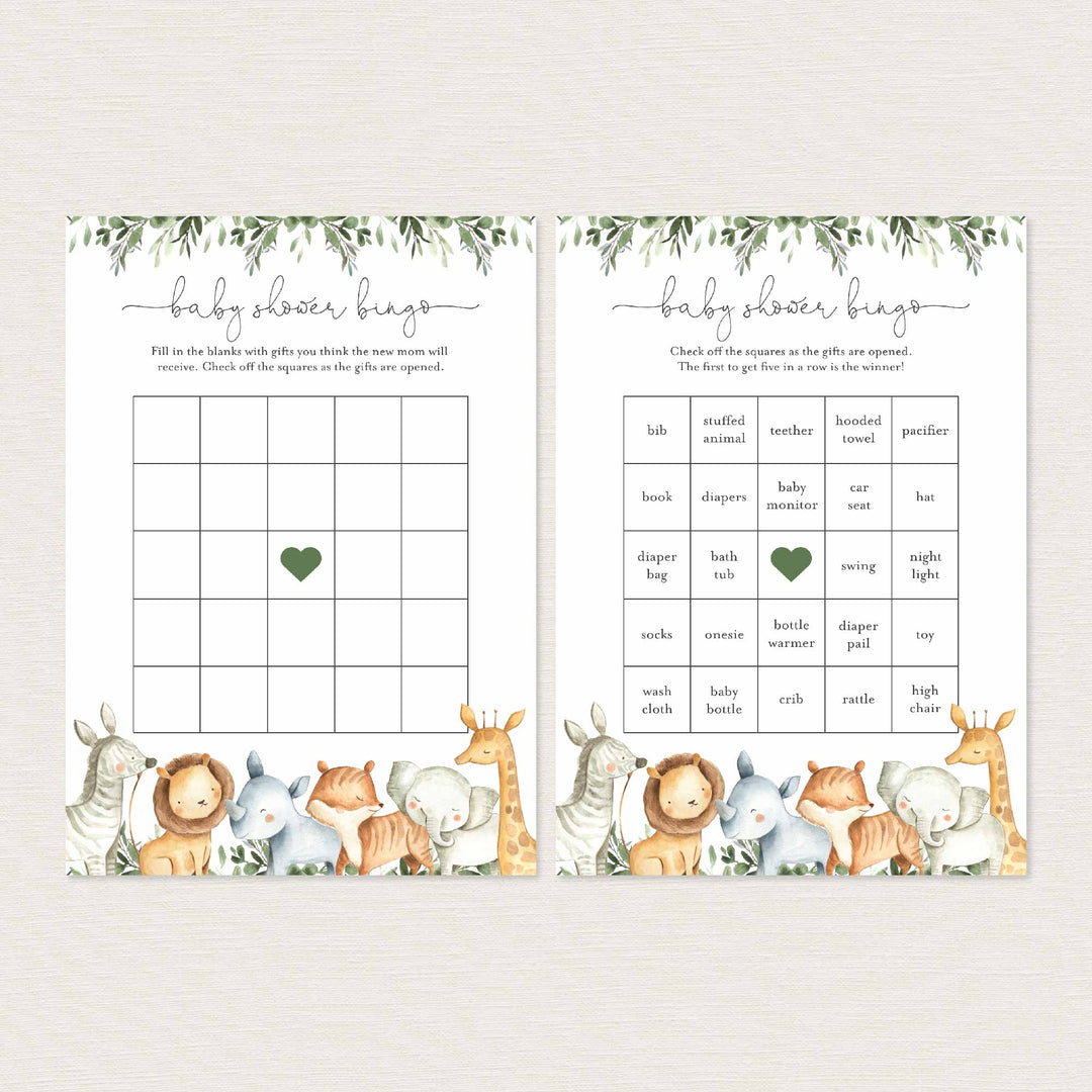 Safari Animals Baby Shower Bingo Game Printable