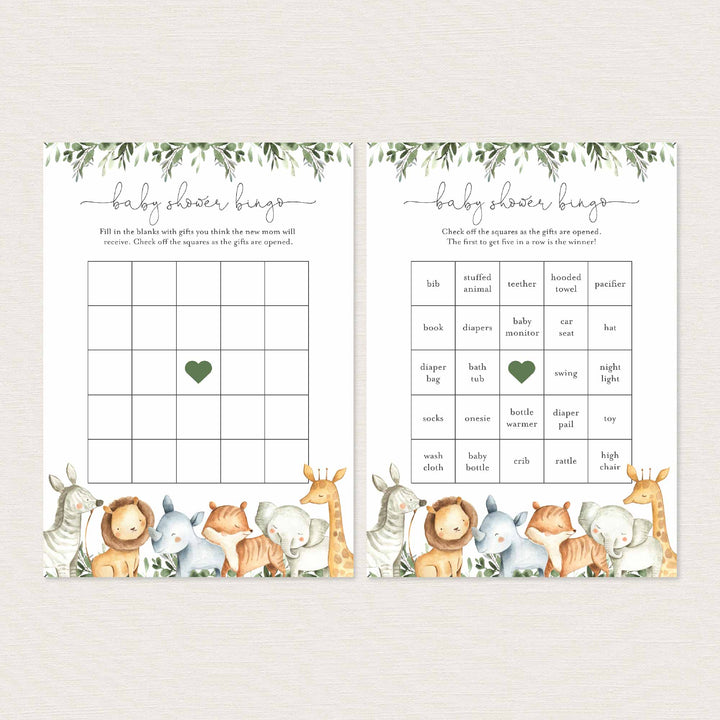 Safari Animals Baby Shower Bingo Game Printable