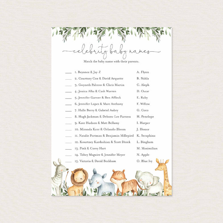 Safari Animals Baby Shower Celebrity Baby Names Game Printable