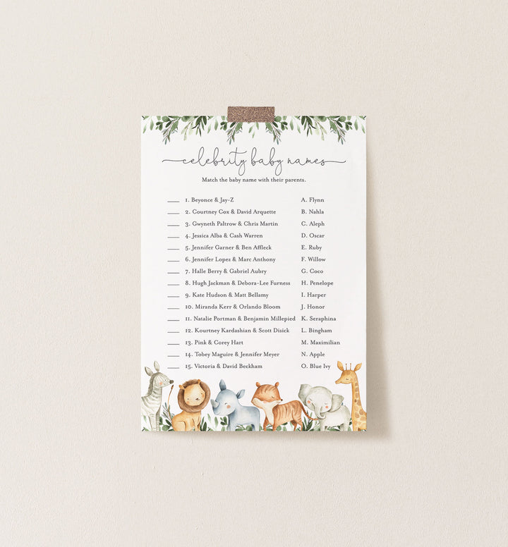 Safari Animals Baby Shower Celebrity Baby Names Game Printable