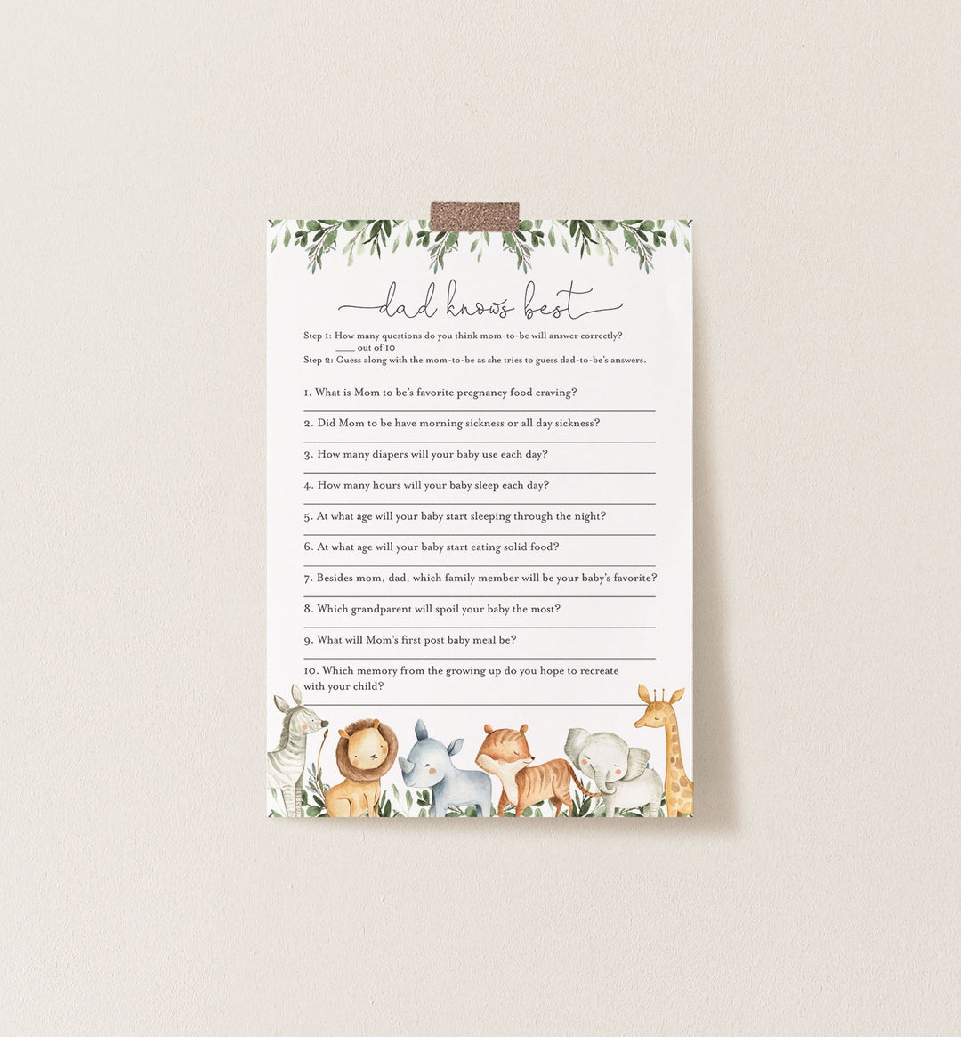 Safari Animals Baby Shower Dad Knows Best Game Printable