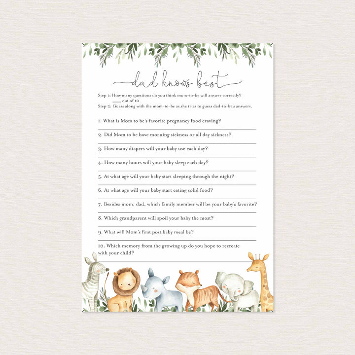 Safari Animals Baby Shower Dad Knows Best Game Printable