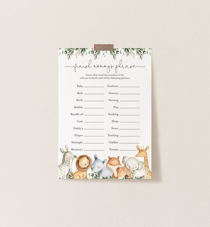 Safari Animals Baby Shower Finish Mummy's Phrase Game Printable
