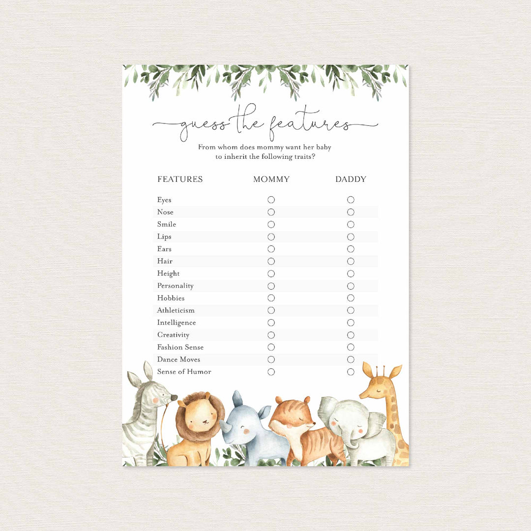 Safari Animals Baby Shower Guess The Features Game Printable
