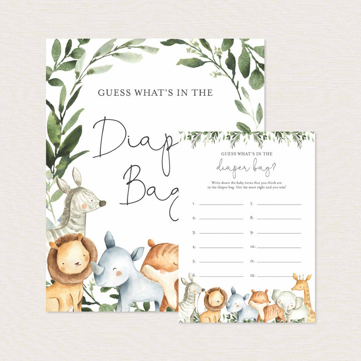Safari Animals Baby Shower Guess What's In The Diaper Bag Game Printable