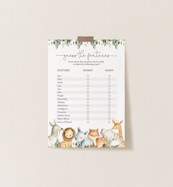 Safari Animals Baby Shower Guess The Features Game Printable