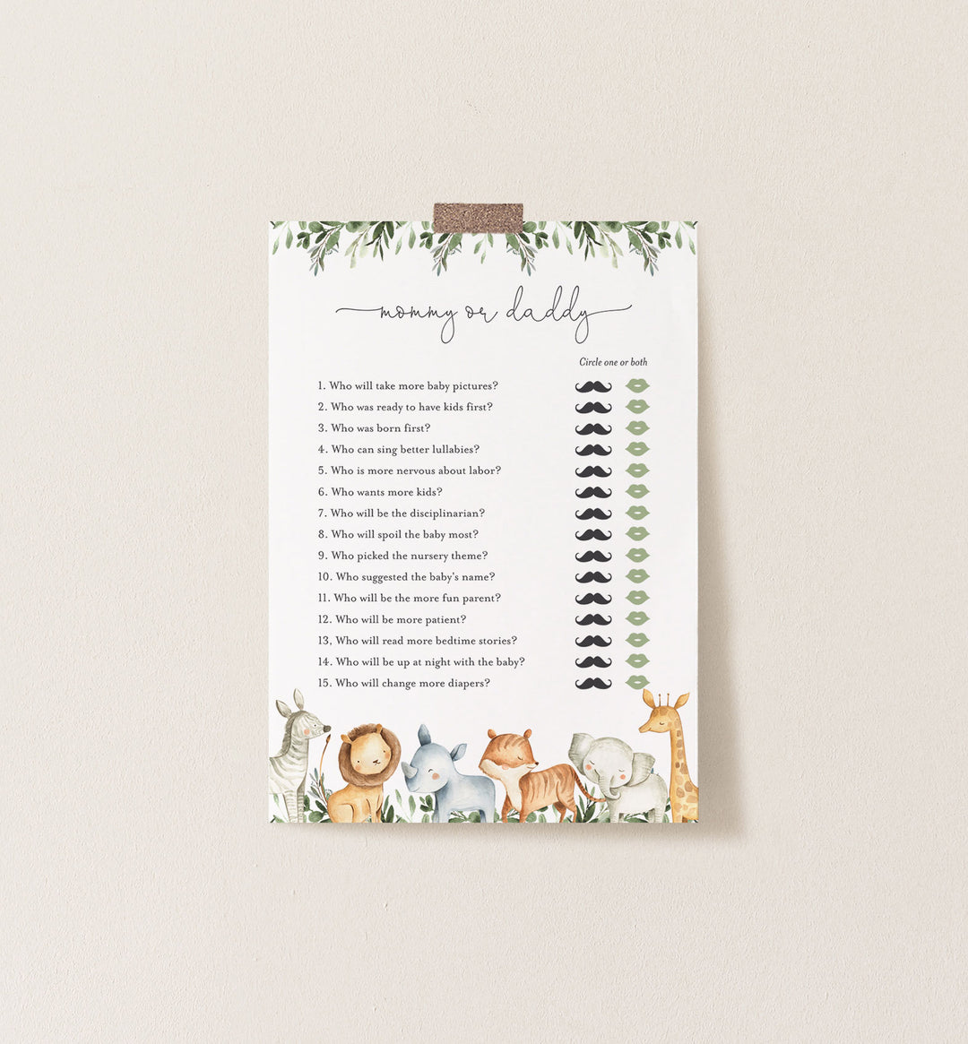 Safari Animals Baby Shower Mummy or Daddy Game Printable