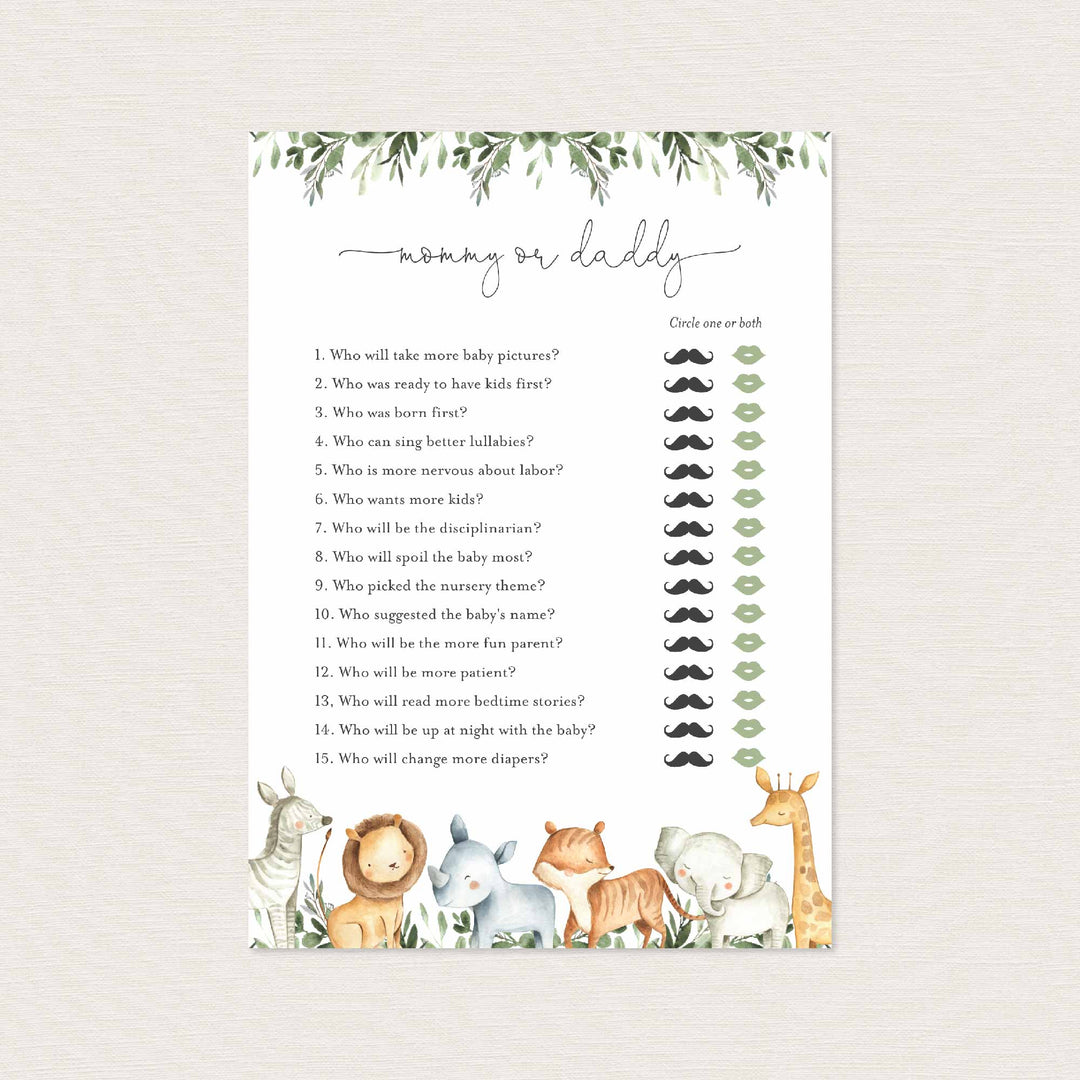 Safari Animals Baby Shower Mummy or Daddy Game Printable