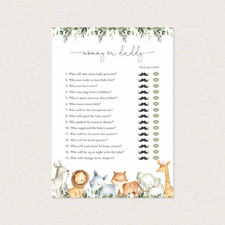 Safari Animals Baby Shower Mummy or Daddy Game Printable