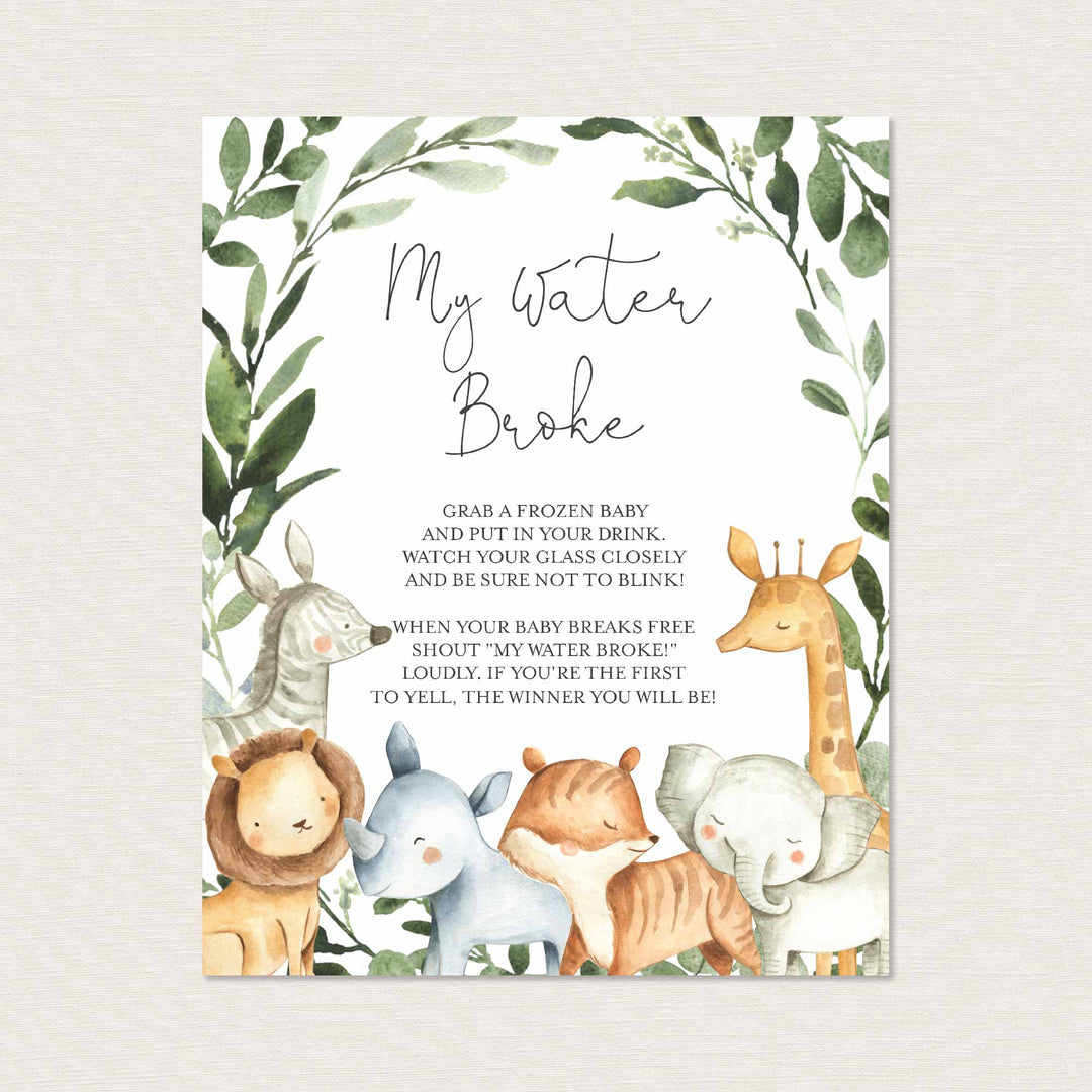 Safari Animals Baby Shower My Water Broke Game Printable