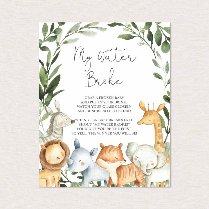 Safari Animals Baby Shower My Water Broke Game Printable