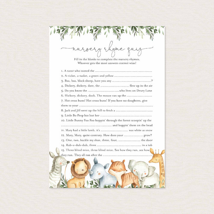 Safari Animals Baby Shower Nursery Rhyme Quiz Game Printable