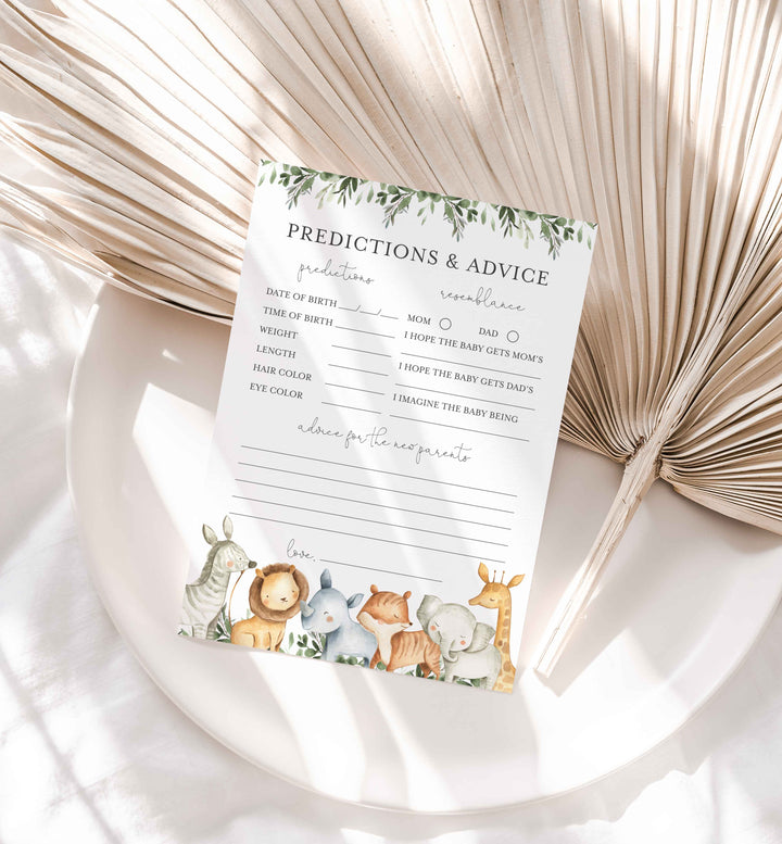 Safari Animals Baby Shower Predictions and Advice Printable