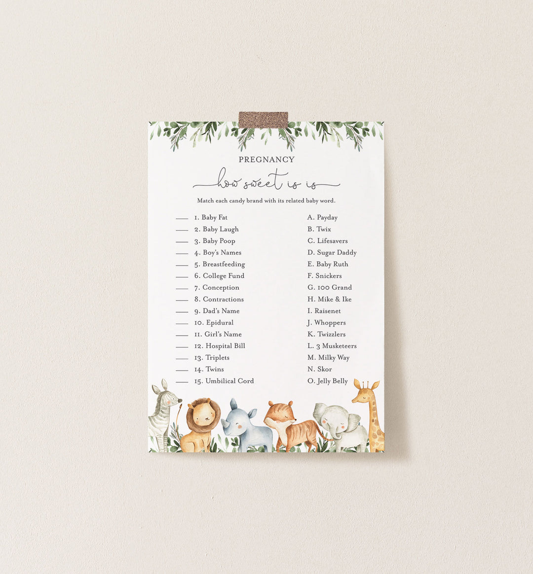 Safari Animals Baby Shower Pregnancy How Sweet It Is Game Printable