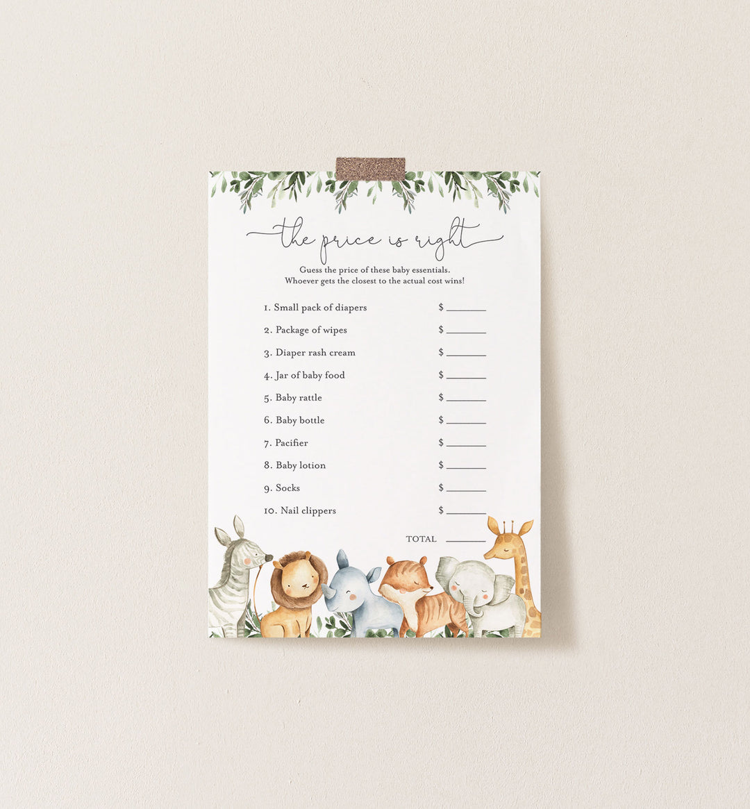 Safari Animals Baby Shower The Price Is Right Game Printable