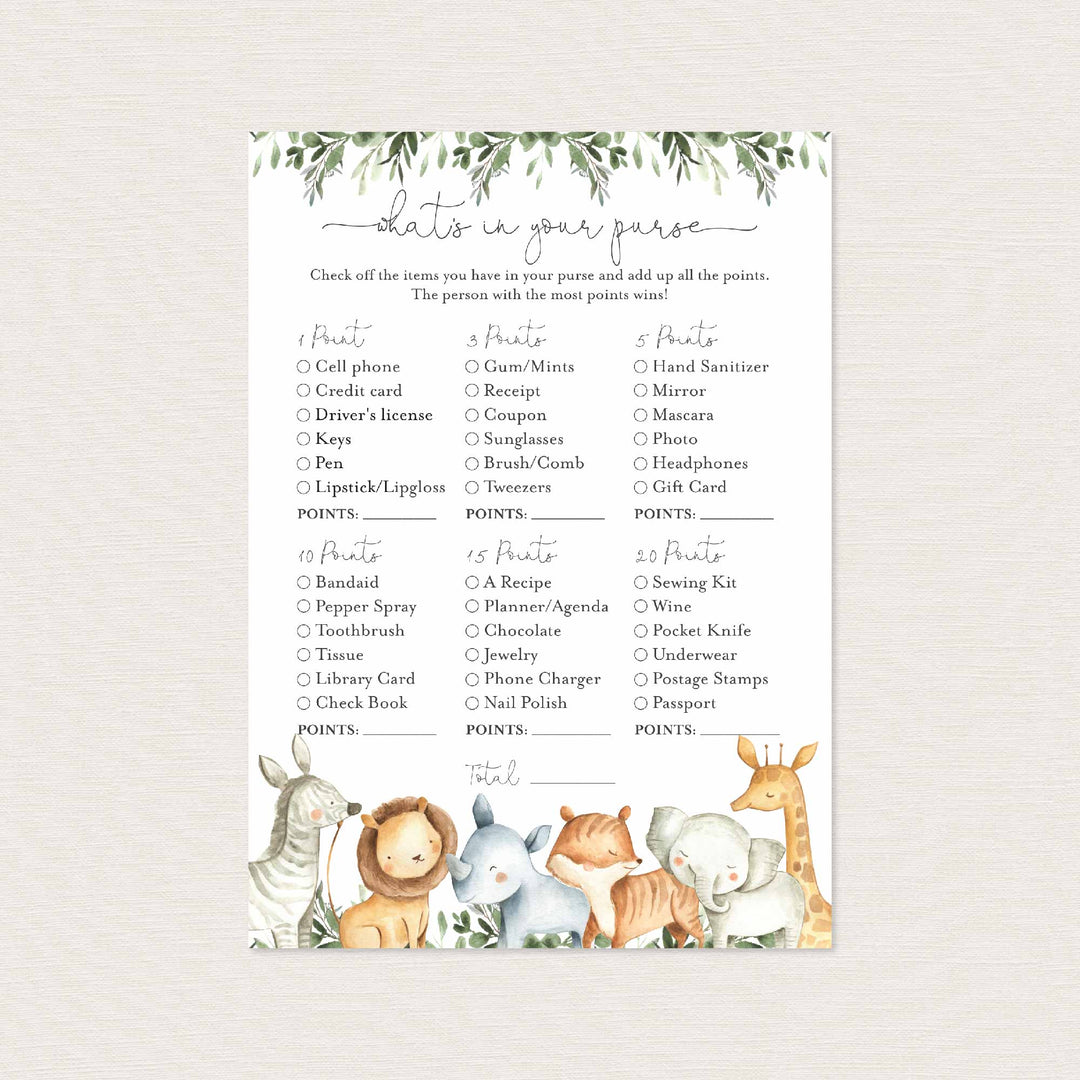 Safari Animals Baby Shower What's In Your Purse Game Printable