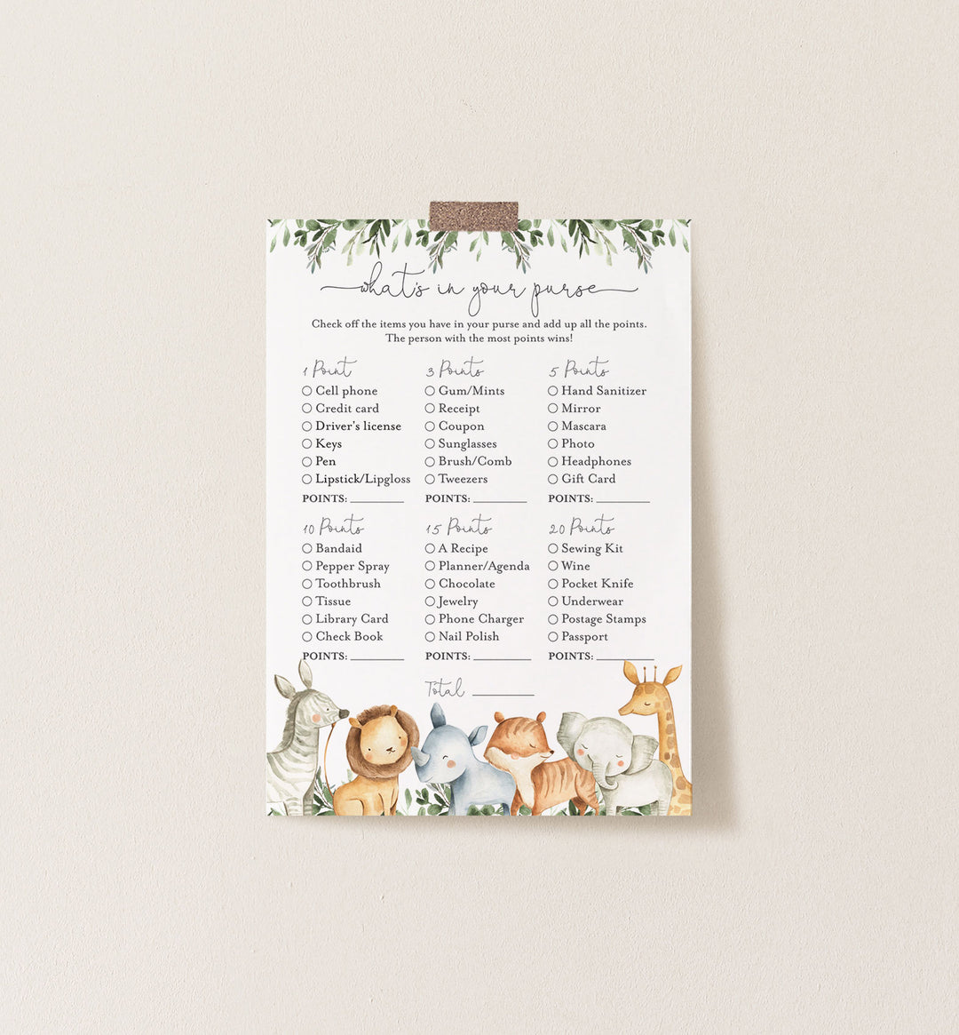Safari Animals Baby Shower What's In Your Purse Game Printable