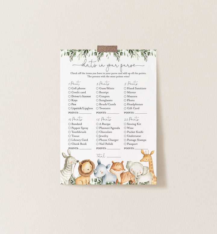 Safari Animals Baby Shower What's In Your Purse Game Printable