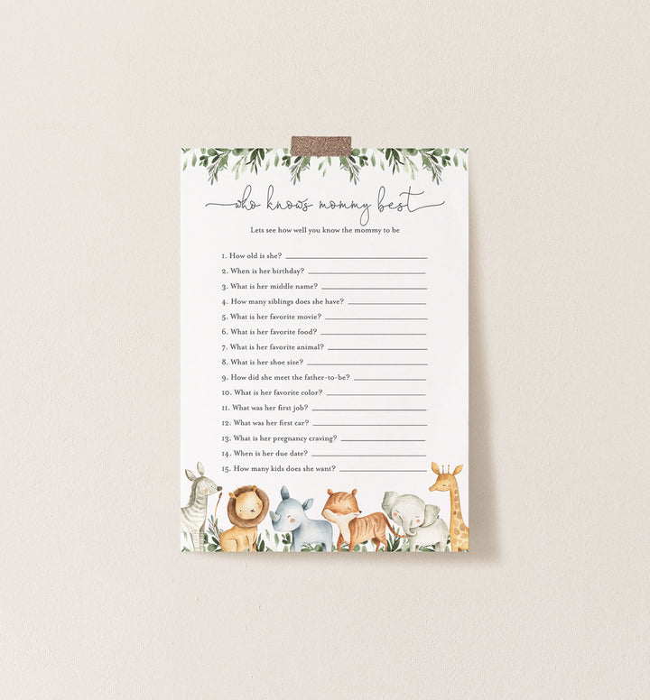 Safari Animals Baby Shower Who Knows Mummy Best Game Printable