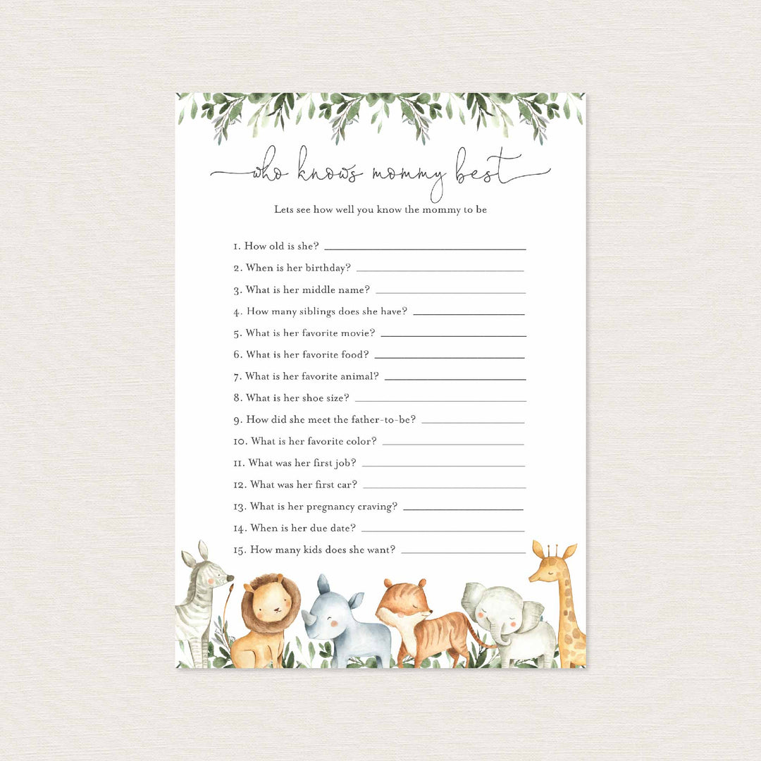 Safari Animals Baby Shower Who Knows Mummy Best Game Printable